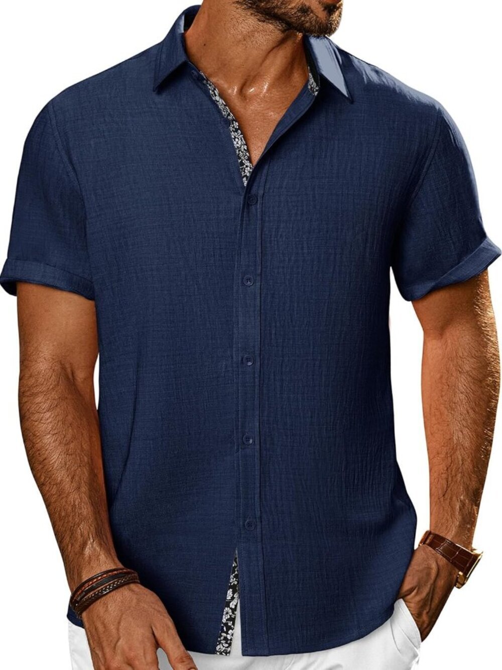 Men's Navy Blue Button Down Short Sleeve Casual Textured Beach Wedding Shirt